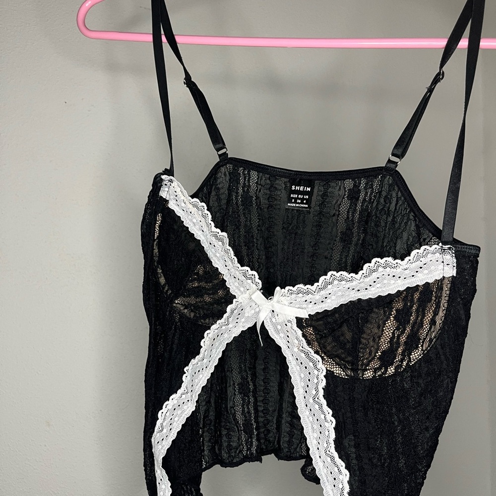 SHEIN Black Lace Top with White Accents